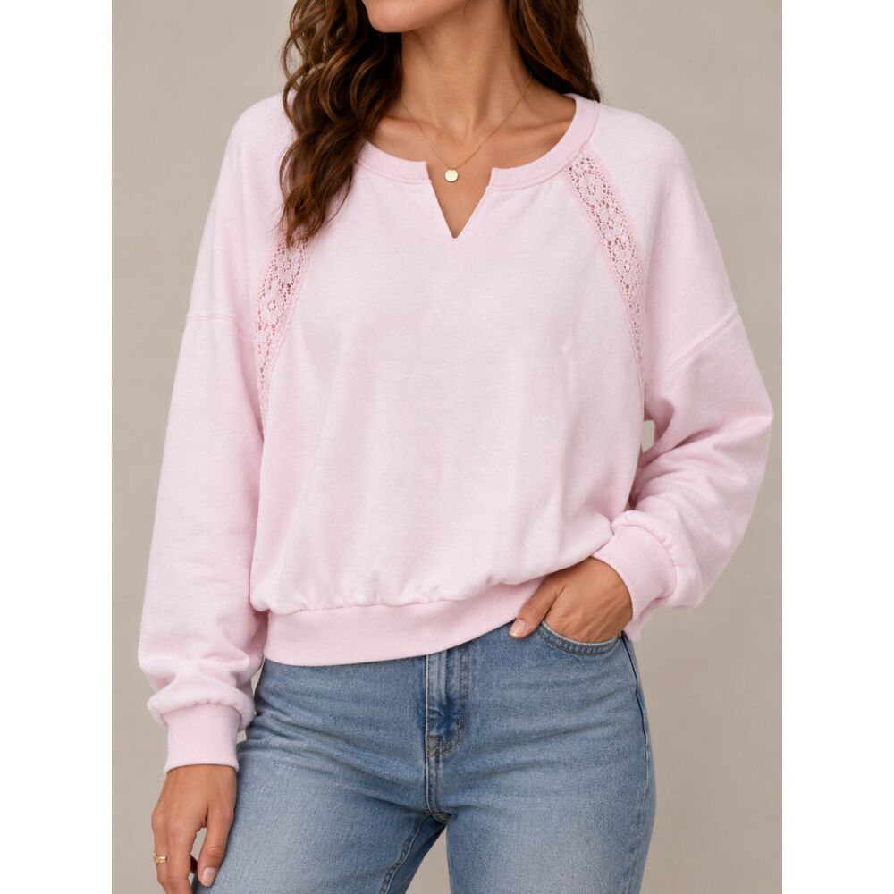 Shabby Chic Treasures Pink Lace Crochet Trim Fleece Sweatshirt L Cottagecore